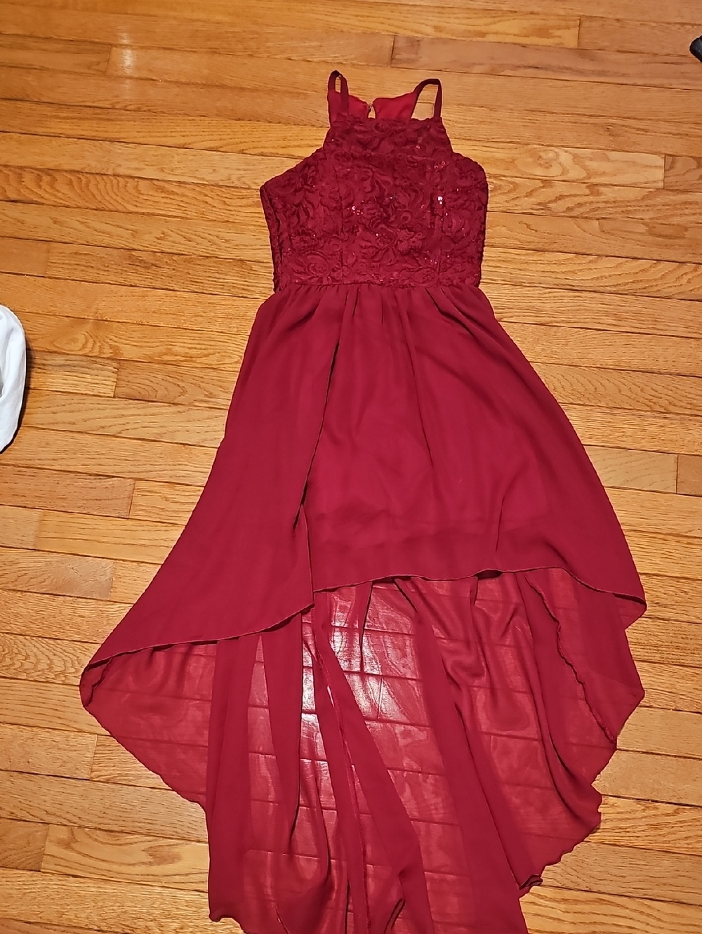 Speechless Wine Red High-Low Lace & Chiffon Dress